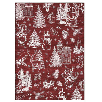 Christmas Tree Rug Machine Washable Area Rugs Modern Pinecone＆Reindeer Print Carpet Non Slip Non Shedding Foldable Floor Covering Stain Resistant Winter Rugs Holiday Decor Indoor Rugs