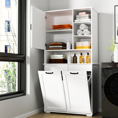 Freestanding Laundry Cabinet With Doors - Tilt-Out Hamper, Ample Storage, White, Adjustable Doors, Shelf Easy Maintenance, Freestanding, Design