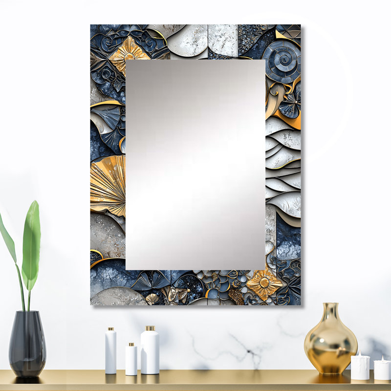 «Blue and Grey Coastal Abstract Tiles II» - miroir décoratif abstrait, miroir mural bleu, impression sur métal, 32 po x 24 po