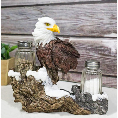 American Bald Eagle On Snowy Tree Branch Rock Cliff Salt Pepper Shakers Holder