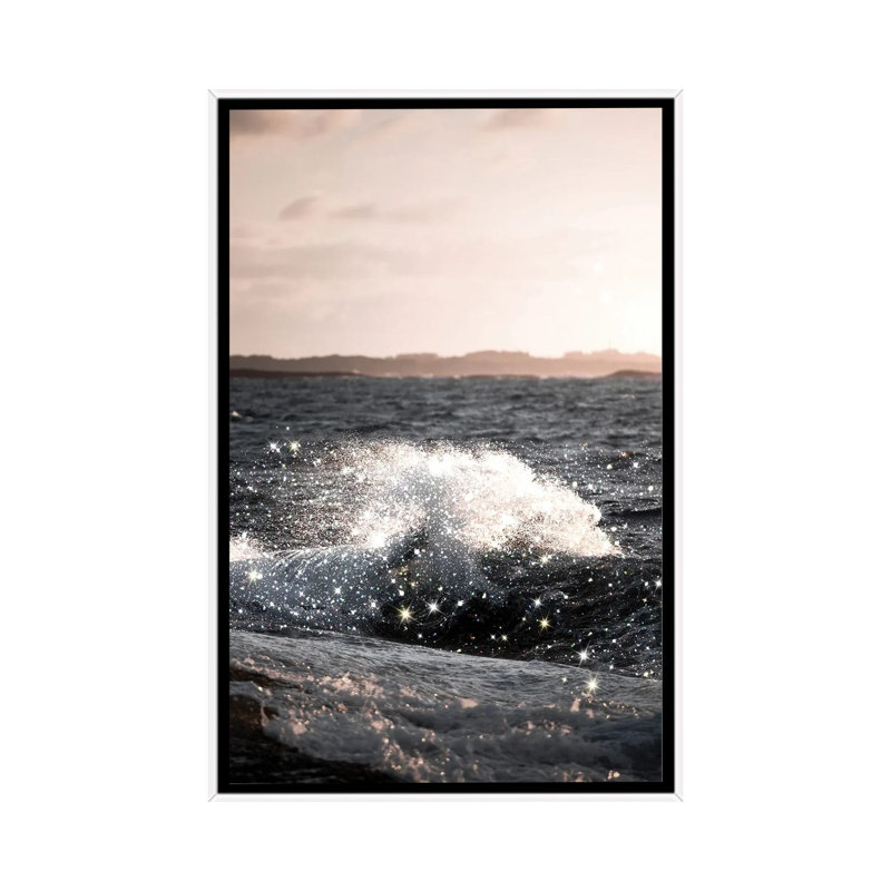 Vague coucher de soleil paillettes-impression d’art graphique, Toile blanche encadrée, Pas de tapis