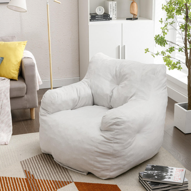 Aeri Compression Medium Adult Soft Teddy Fabric Bean Bag Chair With Foam Filled, Ivory Velvet