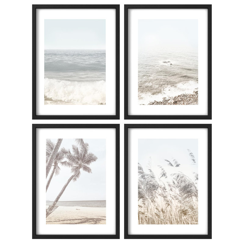 «Serene Beach Scenes Illustration Relax Coastal Tranquility», 4 pièces, Noir, H 16 po x l 12 po