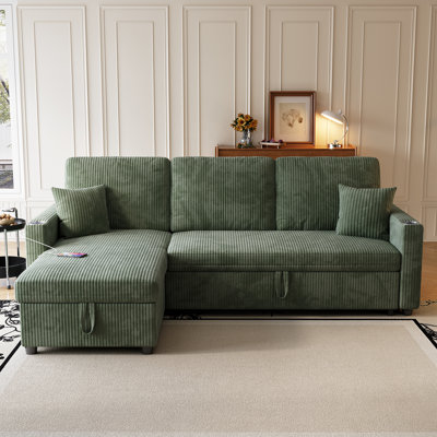 83.5'' Convertible Sleeper Sofa with Pull-Out Bed, Corduroy L Shaped Sectional Couch with Storage Chaise & USB Charging Port
