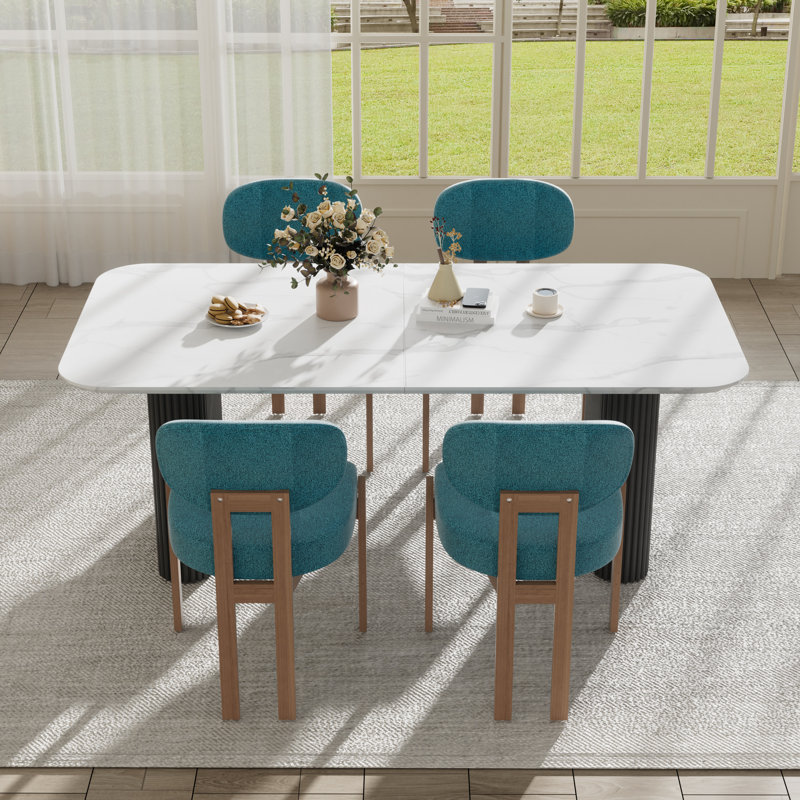 Ensemble de table de salle à manger à double piédestal, Table noire avec chaises bleu sarcelle, 5 Pieces: Table, 4 Chairs