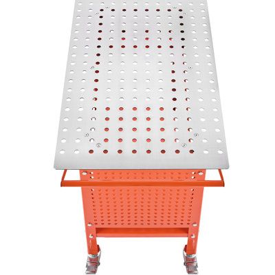 Welding Table 40"x24", 800lbs Static Load, 600lbs Dynamic Steel Construction, 216 5/8 - Inch Fixture Holes, Double Layer Storage, Side Tool Hanging, 11 Hooks, 4 Wheels 2 Braked , Orange For Flawless