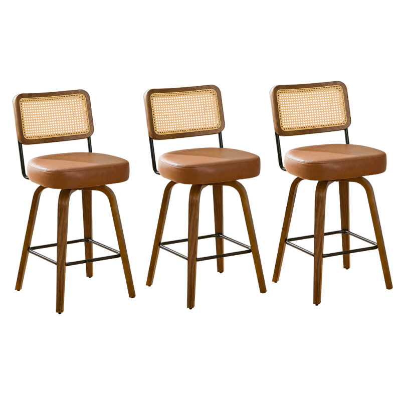 26" Swivel Counter Stool with Rattan Back and Walnut-Finish Bentwood Legs, Brown Faux Leather, 3