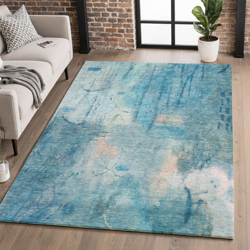 Tapis abstrait lavable à la machine de qualité supérieure Mayfield AMF2032, Bleu, 8 pi x 10 pi