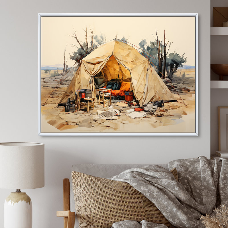 Camping Tent Outdoor Adventure III - Camping Travel Wall Decor, White Floater Framed, 34" H x 44" W x 1.5" D