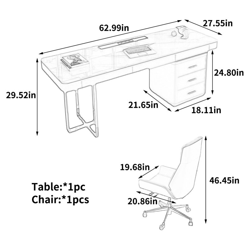Ensemble de bureau rectangulaire, H 29,52 po x l 62,99 po x P 27,55 po