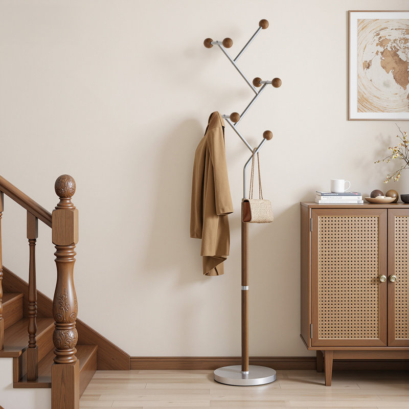 8 Hooks Freestanding Coat Rack with Solid Rubberwood and Stainless Steel Marble-Inset Base