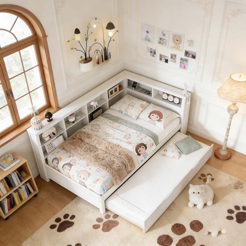 Lit de jour en bois avec couchette, Lit double, Blanc