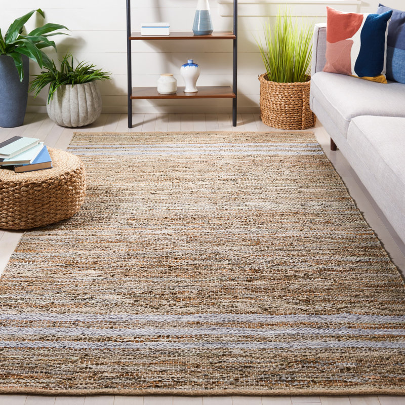 Riem Hand Woven Leather/Cotton/Jute Rug in White/Beige, Rectangle 5' x 8'