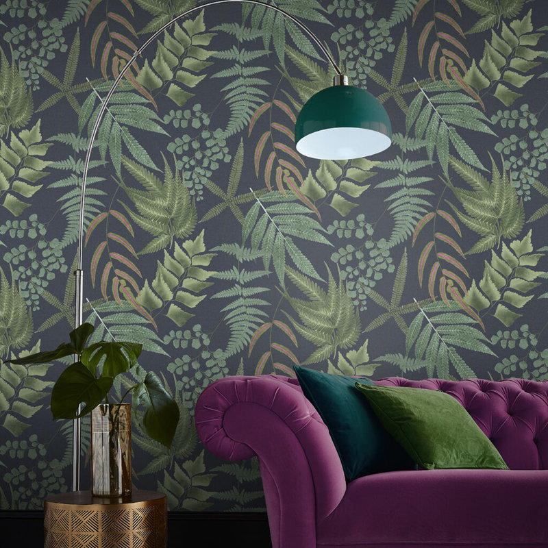 Midsummer Fern Floral Wallpaper Double Roll, Navy/Green