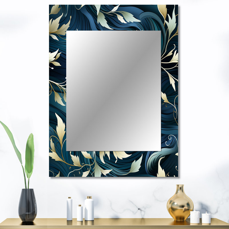 Khader White And Blue Chrysanthemum Zen Tranquility - Floral Decorative Wall Mirror, Floral Mirror, Printed Metal Art