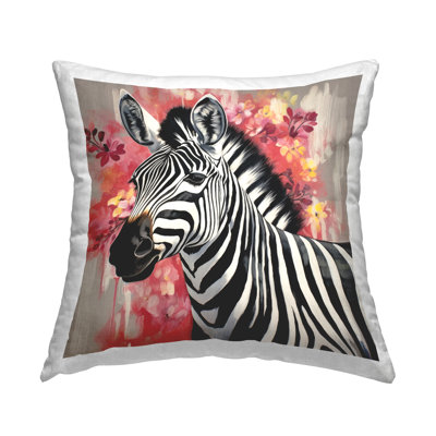 Coussin décoratif imprimé zèbre avec fleurs modernes par Lazar Studio