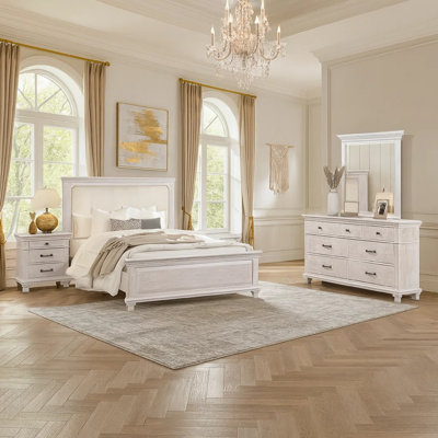 Leyne 4Pc Queen Bedroom Set, Cream Upholstery, Weathered Gray