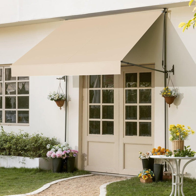 Manual Retractable Awning 138" x 118" Patio Awning Shed Polyester Height Adjustable, Beige
