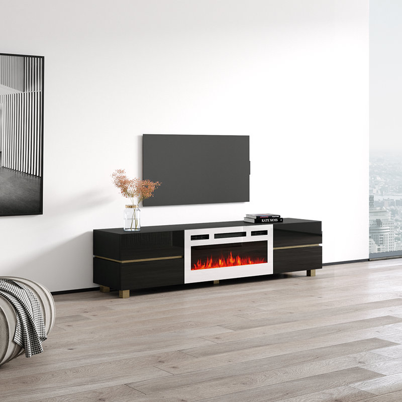 70.9" Modern TV Stand with Electric Fireplace, High Gloss Finish, Media Storage, Black