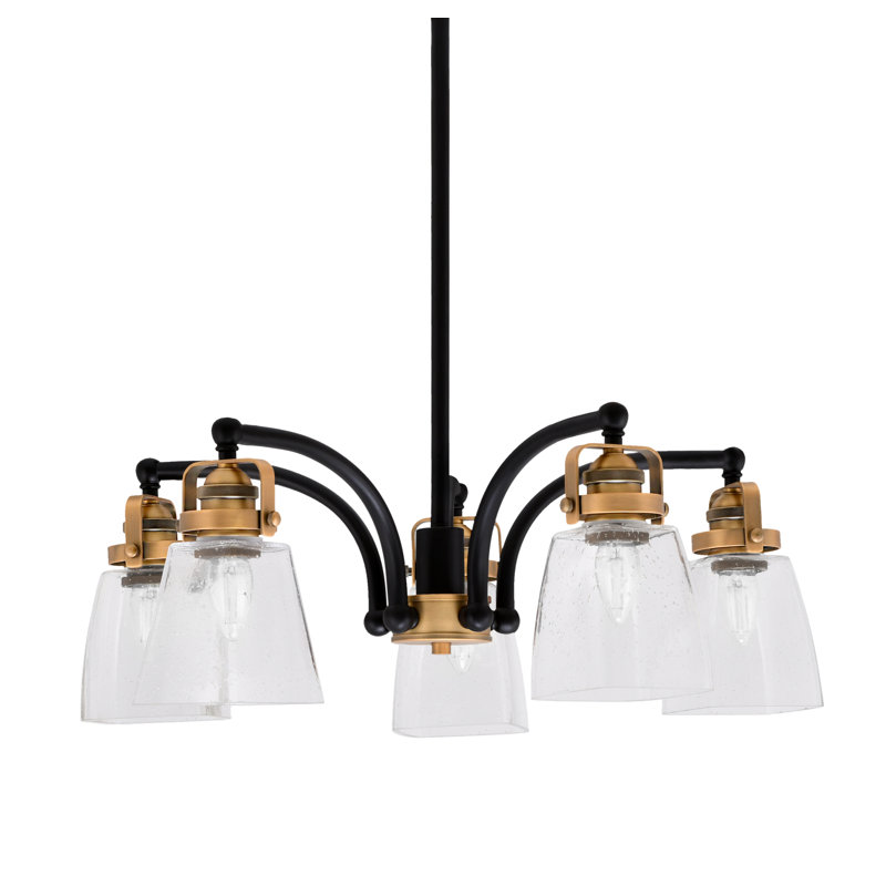 Lustre 5 lumières avec verre carré transparent Easton, Noir mat / laiton