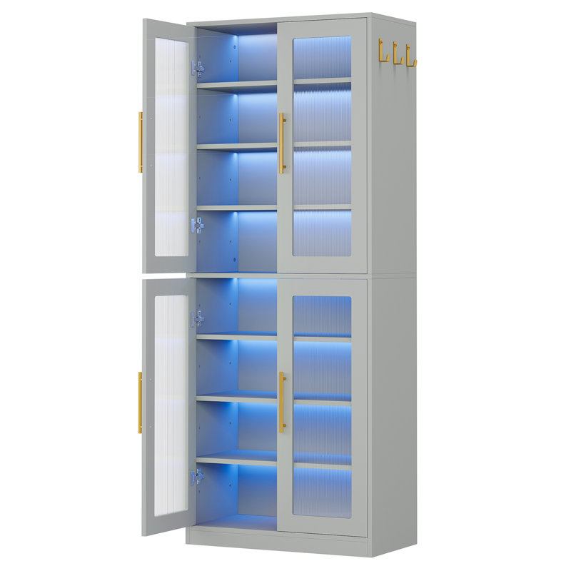 67" Tall Gray Bookcase With Doors, LED & 8 Adjustable Shelves Storage Cabinet For Living Room, Office, Bedroom, Gray