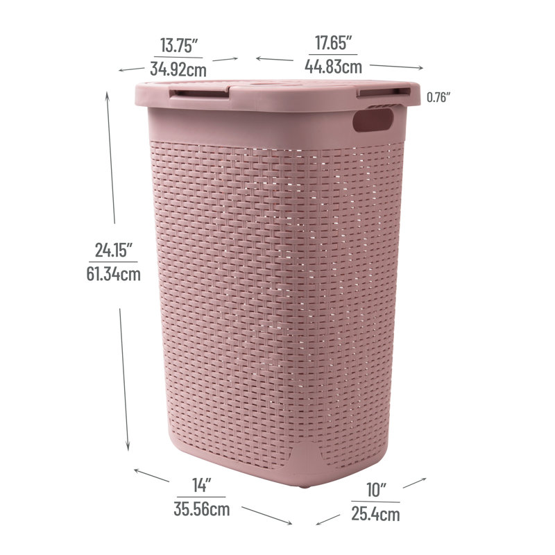  60L Slim Laundry Hamper, Clothes Basket, Lid, Wicker Style, Plastic, Pink