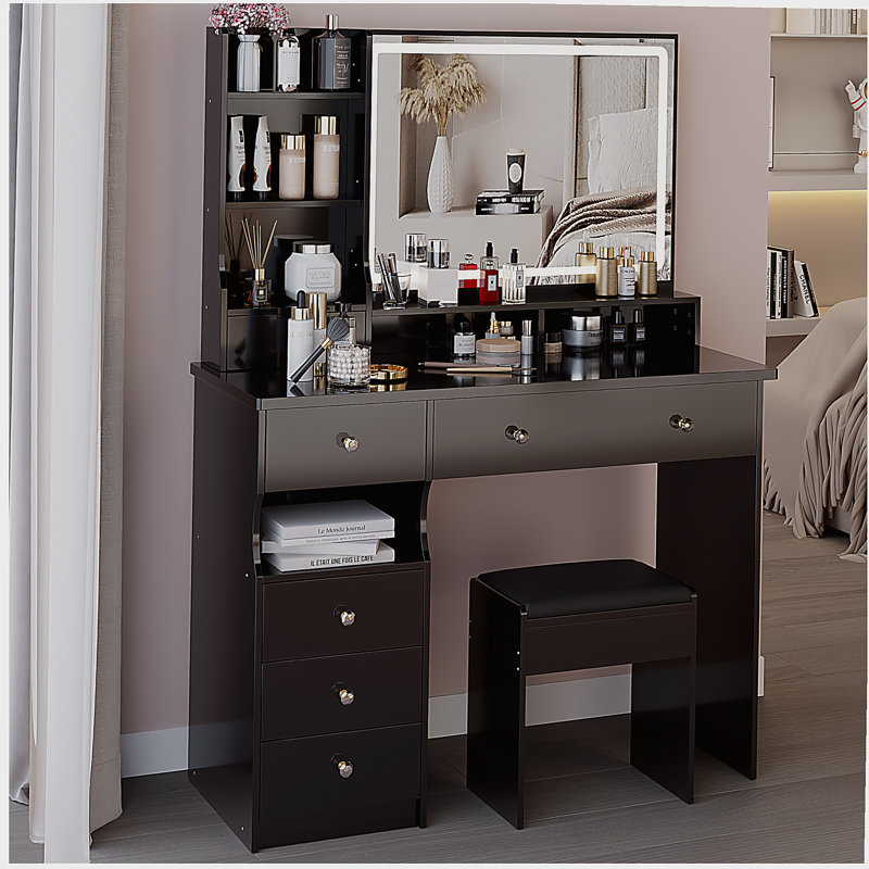 41" Large Size Left Drawer Desktop Vanity Table+Cushioned Stool, Extra Large Touch Control LED Mirror, 3-color Switch, Multi Layer High Capacity Storage Fashionable Dresser, Suitable For Large Space