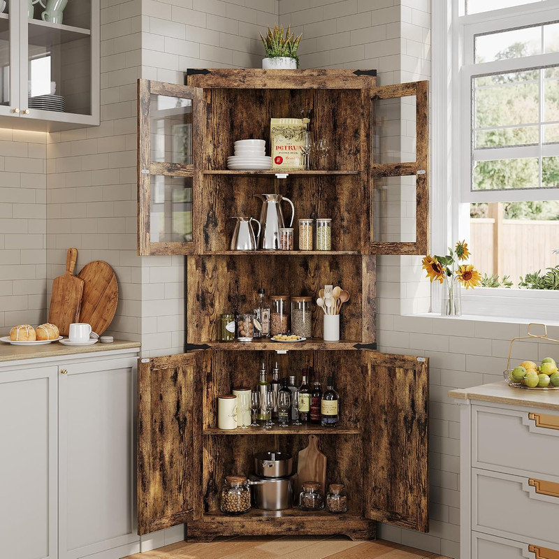 69" Tall Triangle Corner Cabinet with Glass Doors & Open Shelf, 6-Tier Space Saver Storage for Bathroom, Living Room, Kitchen, Hallway
