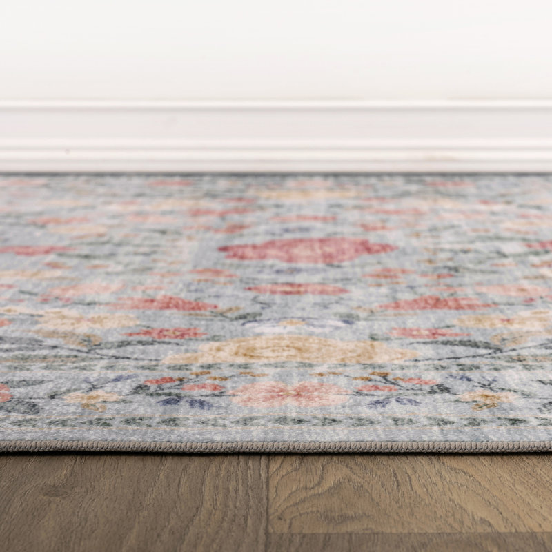 Tapis bleu marine antidérapant Floral Garden, 5 pi x 7 pi