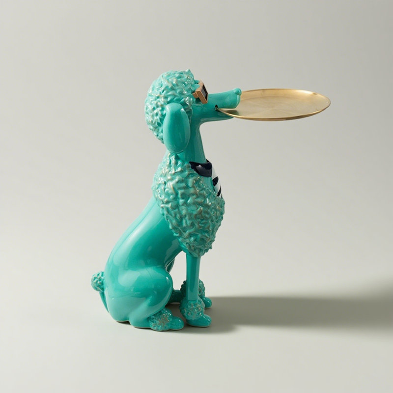 Modern Poodle Resin Metal Tray Storage Floor Decor Item, Green