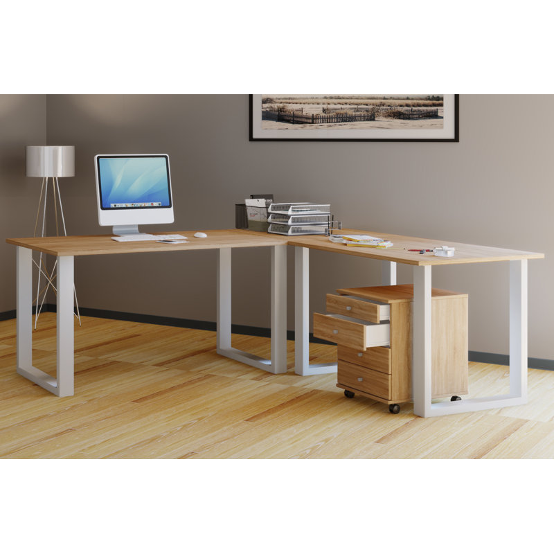 Rhyen Metal Base Writing Desk, 76cm H x 190cm W x 50cm D, Light brown/white 