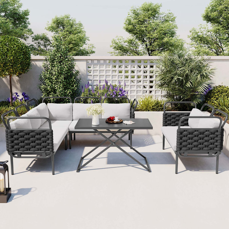 Ensemble modulaire de patio réversible en osier avec coussins de 99,41 po de largeur Khusbu, Gris, Noir