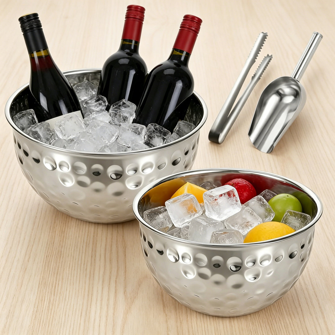 Set of 2 Large Capacity Stainless Steel Ice Buckets with Ice Scoop & Serving Tongs, Multipurpose Drinks Cooler Chiller Tub for Wine, Champagne, Beer &