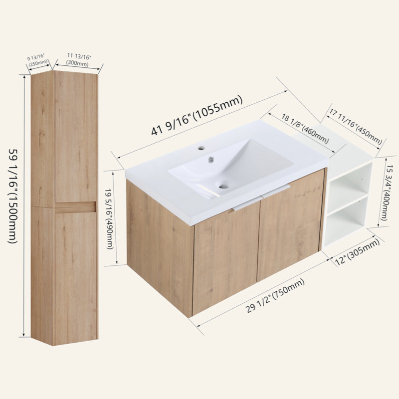 Meuble-lavabo mural 42 po avec lavabo et armoire latérale, portes à fermeture douce 42 po