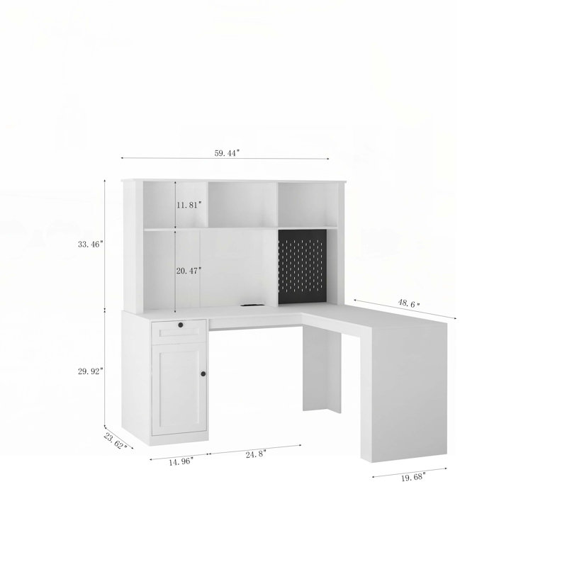 L Shaped Desk with outlet, Computer Desk with Drawers, Bookshelf, Modern Corner Desk, White