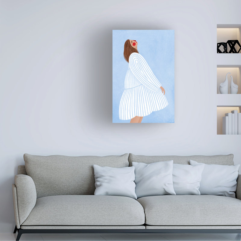 Œuvre sur toile «Bachelor», la femme aux rayures bleues, H 19 po x l 12 po