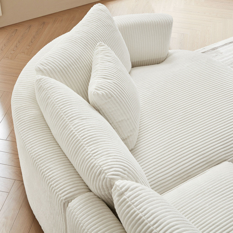 Canapé modulaire incurvé 122 po avec méridienne recouverte de velours côtelé 122 po, Velours côtelé blanc, Orienté à droite