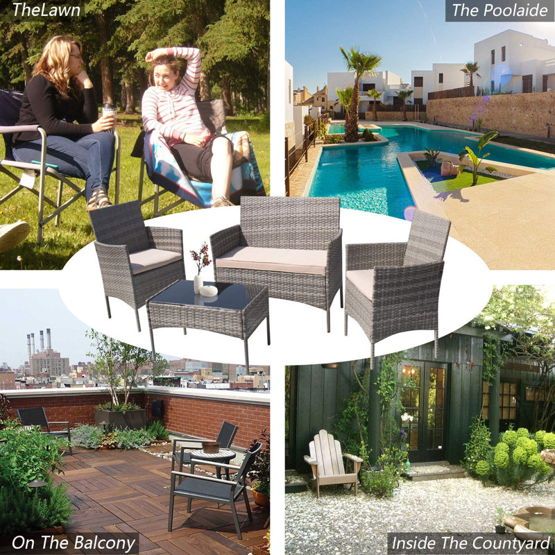 Alifa 4 - Person Patio Conversation Set with Cushions, Black, Beige