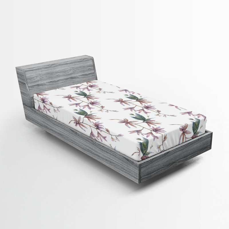 Drap-housse à motif floral Ambesonne, Drap-housse de taille simple, Amande, lilas, gris, bleu sarcelle / floral