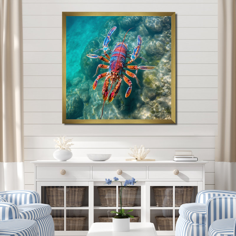 Restivo " Purple Majestic Lobster Turquoise Tropical Water ", 30" H x 30" W x 1" D, Gold Single Picture Framed