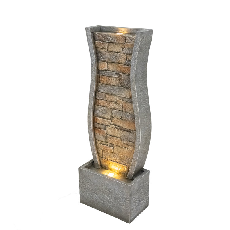 Grande fontaine murale en pierre avec lumières chaudes, fontaine de jardin en résine 47,24 "
