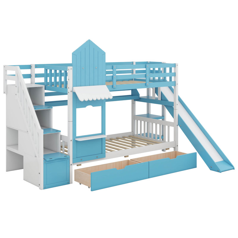 Lit superposé simple au-dessus de simple, lit superposé château avec 2 tiroirs, 3 tablettes et glissade, lit superposé en bois massif