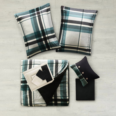 Twin Xl Plaid Comforter Bed Sheet - 7 Piece Teal/Black Microfiber Bedding, Filling, Contrasting On Pillowcase, Machine Washable, Safe Skin And Pcs Classic Design, Coordinating Solid Sheet, Proof