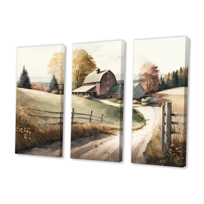 Chemin vers la grange IV - ensemble d'art mural sur toile, H 28 po x l 36 po, Toile tendue