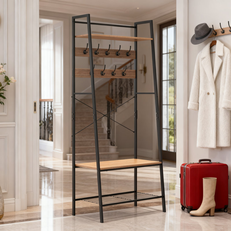 Hall Tree With Storage Bench, 9 Double Hooks And 3-Tier Ladder Shelf | Entryway Organizer For Mudroom, Hallway And Garage