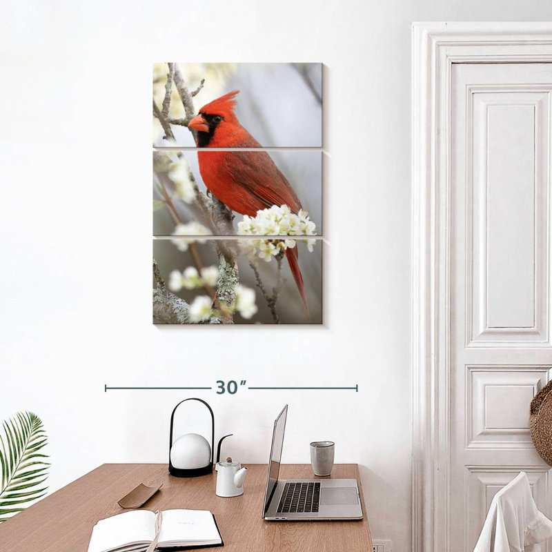 Cardinal Brampt Northern sur une branche fleurie, H 32 po x l 20 po
