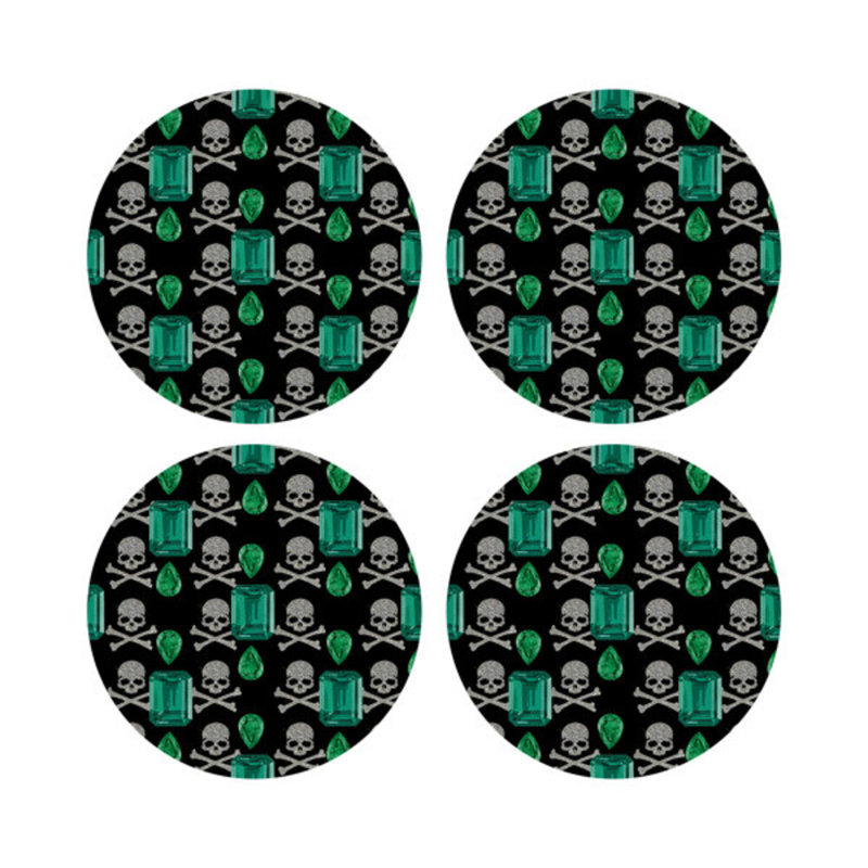Gem Emeralds Skull Vegan Leather Round Pebble Placemat, Black