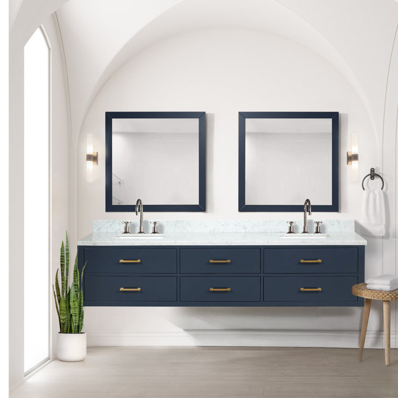 Meuble-lavabo double bleu l 84 po x P 22 po, comptoir en marbre de Carrare et miroirs 36 po