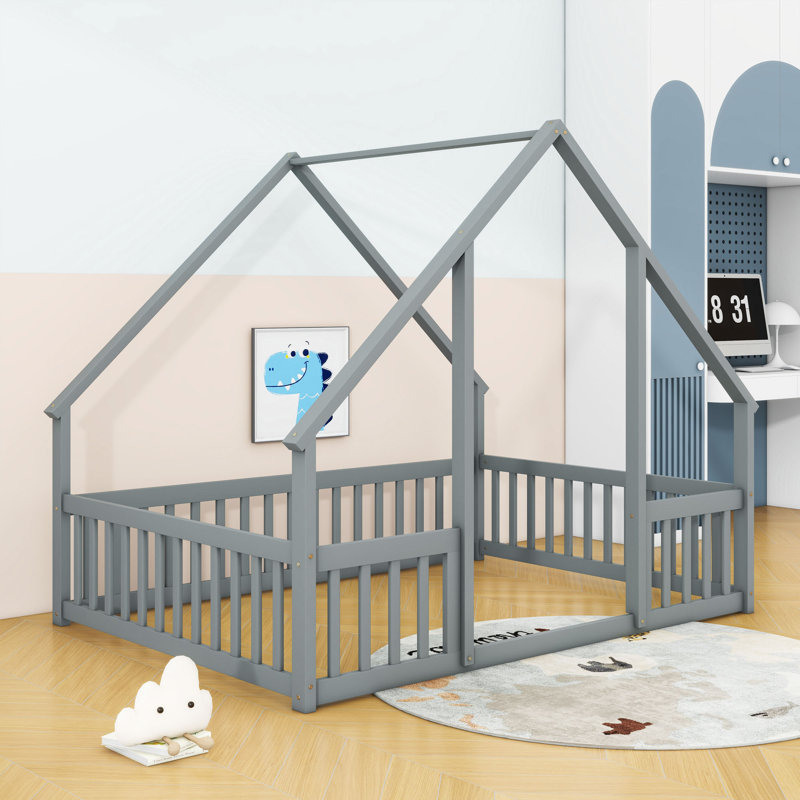 Wood House-Shaped Floor Bed With Guardrails, Gray, Full