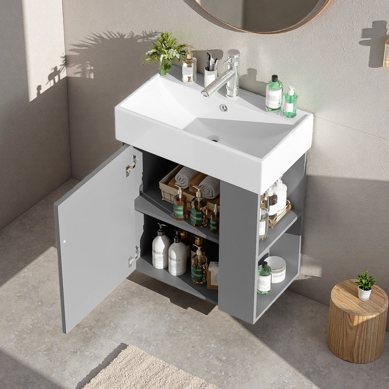 Meuble-lavabo simple mural 21,6 po avec plateau en céramique et partie droite droite 21,6 po, Marron clair, Noir